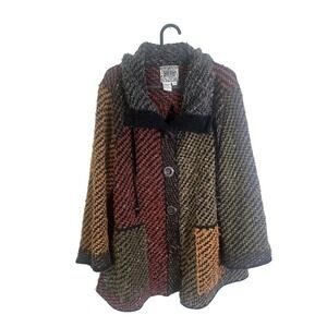 Vintage Curio Jacket Womens 2X Knit Patchwork Cardigan Artsy Art To Wear 90s